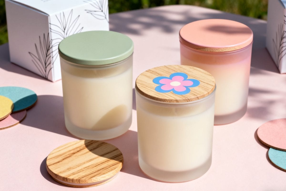eco-friendly candle packaging with wood textures and pastel tones