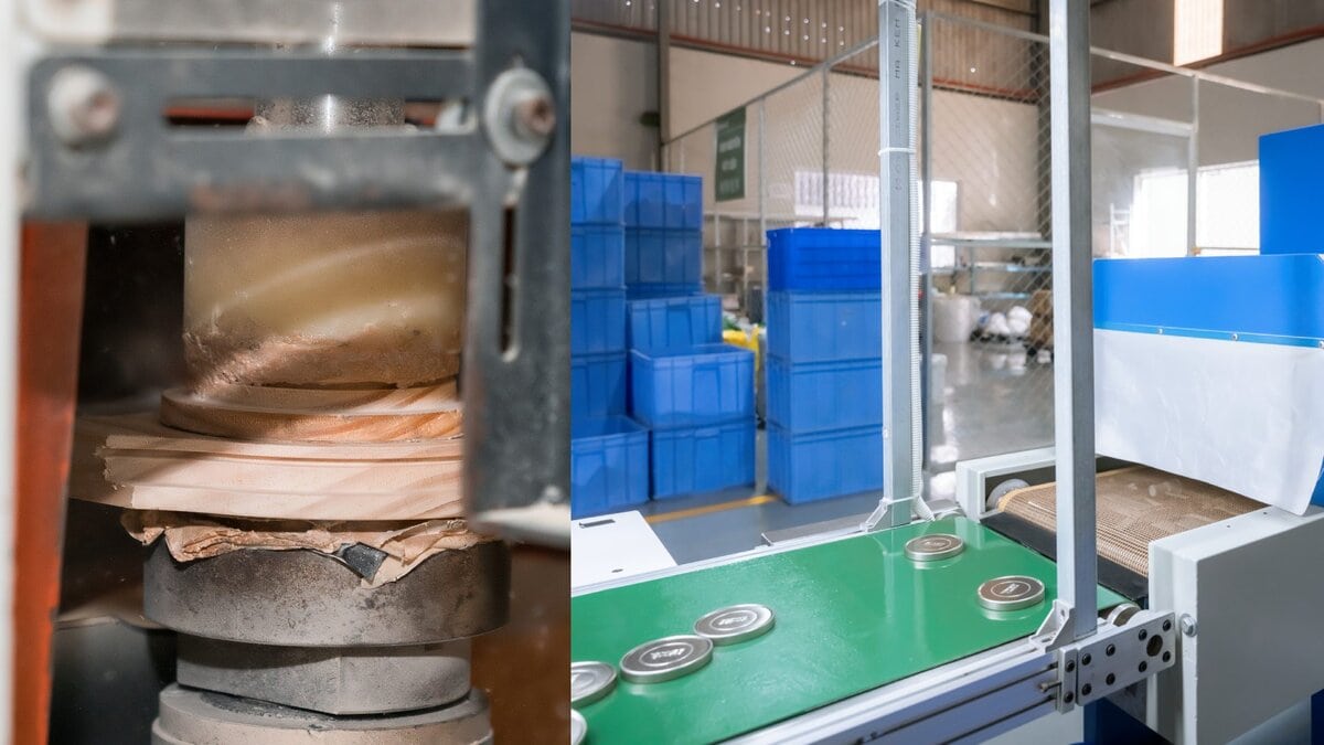 Multi material packaging capability including wooden caps and metal caps from Vietnam factory