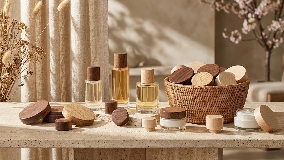 Premium sustainable wooden lids for luxury perfume and skincare bottles, showcasing eco-friendly wood packaging solutions to replace plastic.
