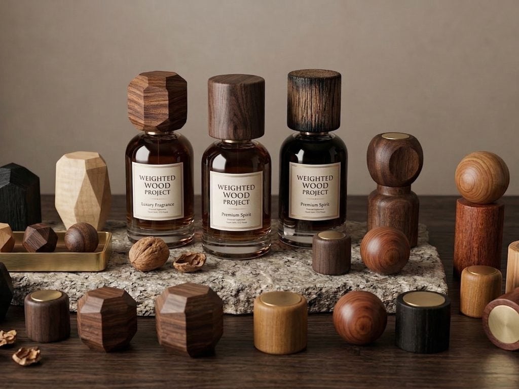 Weighted wooden caps for premium packaging.