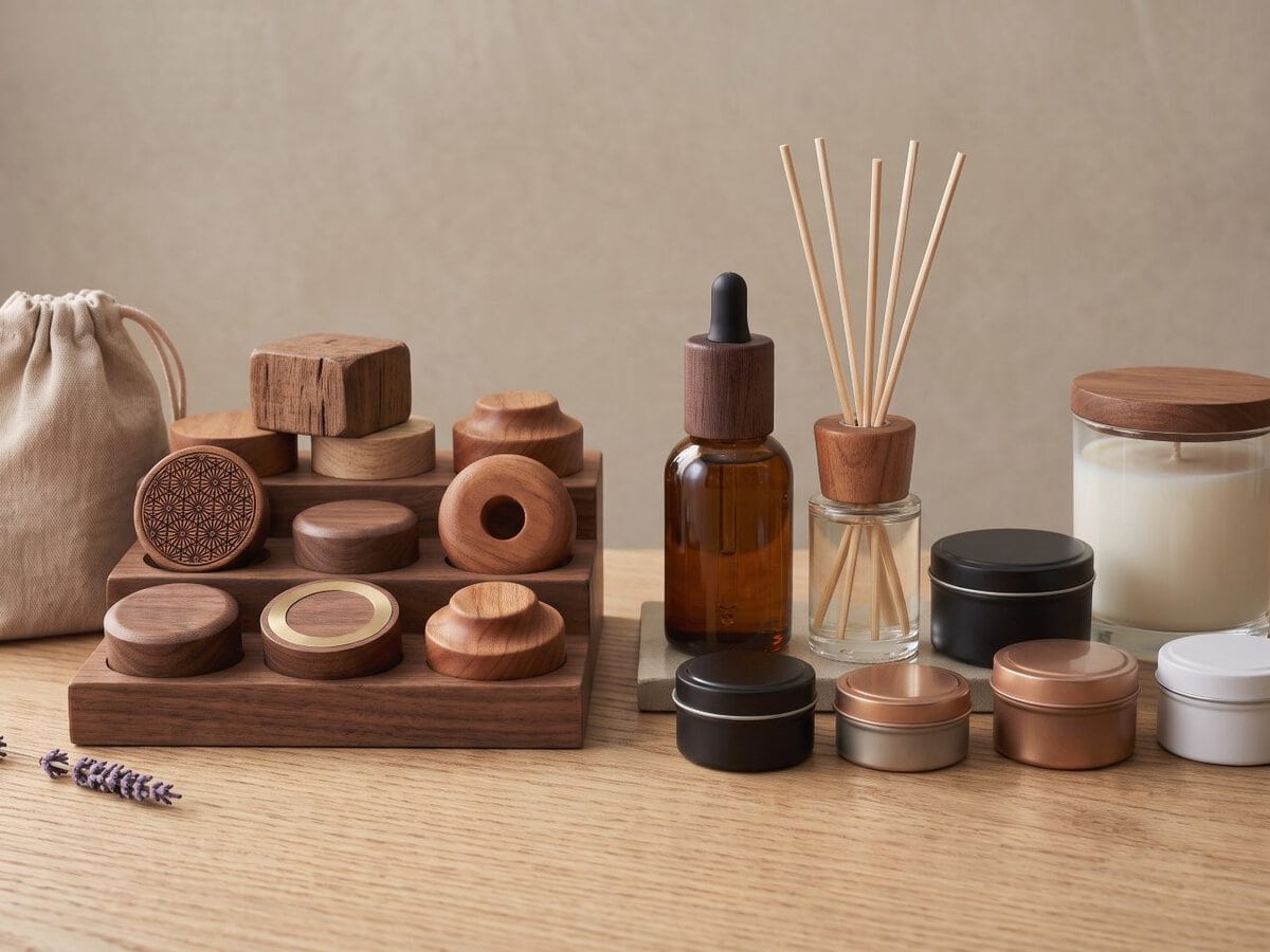High-end custom wood caps and metal container packaging from luxury fragrance packaging suppliers