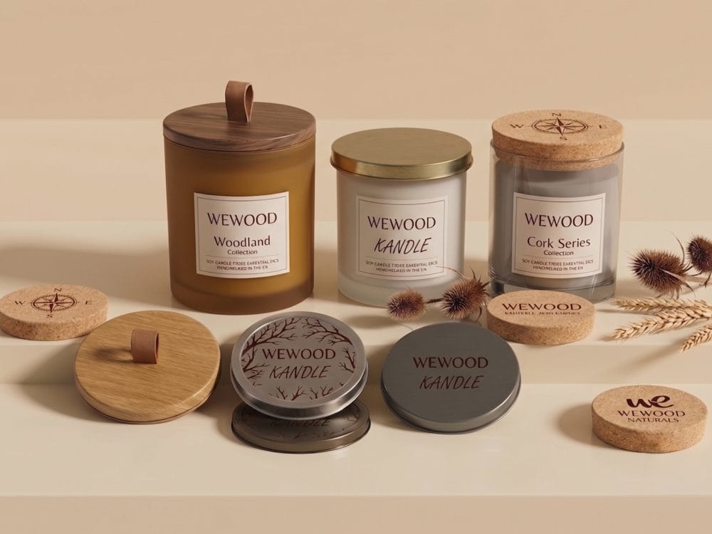 Comparison of custom wood lid, tin lid, and cork lid fitted onto luxury glass candle jars